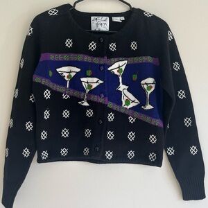 Michael Simon Black Cardigan Sweater with Purple Martini Pattern